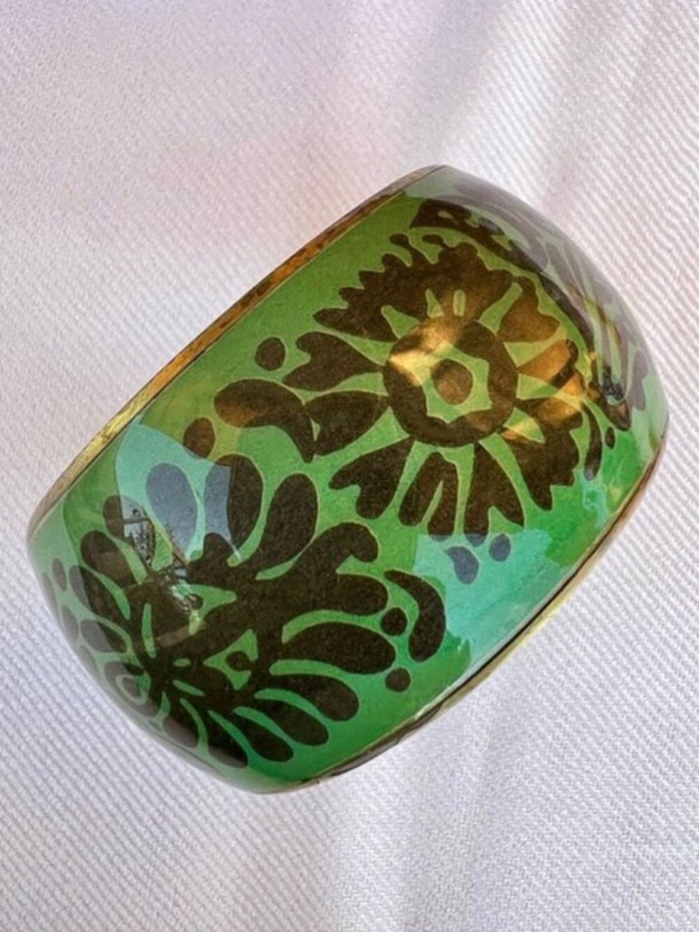 Vintage 70's Brass & Green Floral Chunky Statement Bangle Bracelet